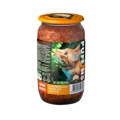 Пуффинс Консервированный корм для кошек (стеклобанка), 650 грамм, паштет, МЯСНОЕ АССОРТИ х8