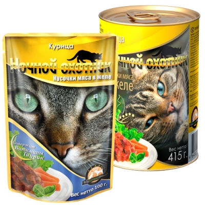 Ночной охотник Консервированный корм для кошек (пакет дой-пак), Мясные кусочки в ЖЕЛЕ, КУРИЦА 100 грамм х24