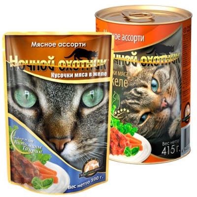 Ночной охотник Консервированный корм для кошек (пакет дой-пак), Мясные кусочки в ЖЕЛЕ, МЯСНОЕ АССОРТИ 100 грамм х24