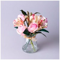 Букет искусственных цветов в круглой вазе высота= 16см (мал=8шт./кор=64шт.) 287-546