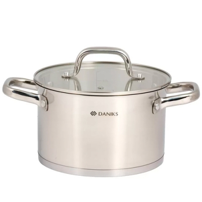 Кастрюля нержавеющая сталь, 3.9 л, крышка стекло, Daniks, Рейн, GS-01229-20, индукция (505776)