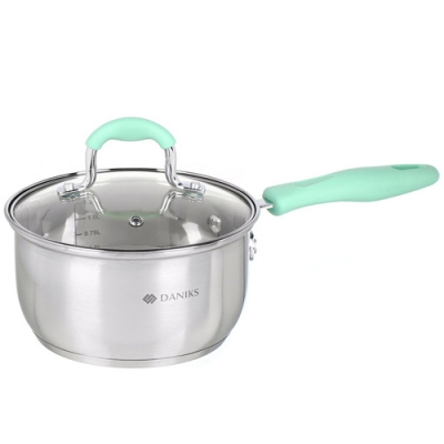 Ковш нержавеющая сталь, 1.7 л, крышка стекло, индукция, силиконовые ручки мятные, Daniks, Гринери, S