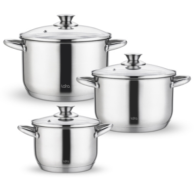 LR02-134 Набор посуды LARA серия АФИНА 3пр. (кастр. 2,1+3,9+6,5л) индукционное 5-ти ступ. капс. дно LR02-134 Набор посуды LARA серия АФИНА 3пр. (кастр. 2,1+3,9+6,5л) индукционное 5-ти ступ. капс. дно