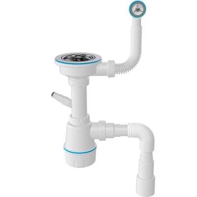 Сифон-автомат для мойки 3 1/2", прямот., с круг. переливом, винт 45мм, с отводом для стир. маш 1049