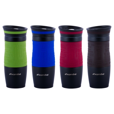 Термокружка 380мл из нержавеющей стали с TPR-вставкой и ремешком (красная, синяя, коричн.) (2069A)