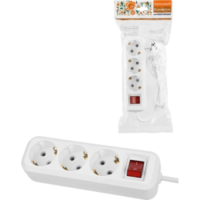 Удлинитель 3 гнезда, 3 метра, с/з, выкл., 10 А, 2300 Вт, белый, НАРОДНЫЙ У1-32055 (SQ1303-1101)