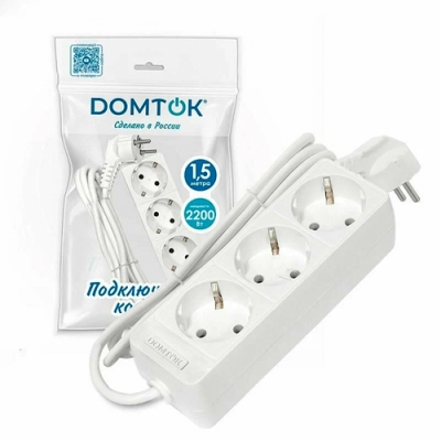 Удлинитель бытовой "DOMTOK" (ЛИДЕР) 3 гнезда, ПВС 3*0,75, 2,2кВт, з/к 1,5м (2373)