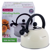 Чайник 2,5л из нержавеющей стали со свистком и черной ручкой (, молочный) (0679BG)