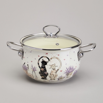 Кастрюля agness эмалированная со стеклянной крышкой серия "Lavander cats", 2,8 л диа. 20см 943-077