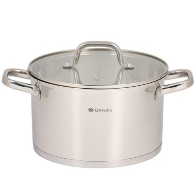 Кастрюля нержавеющая сталь, 6.5 л, крышка стекло, Daniks, Рейн, GS-01229-24, индукция (505777)