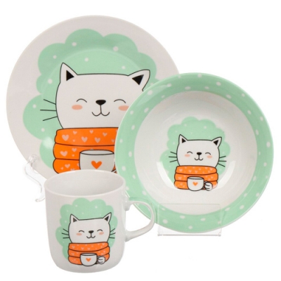 Набор посуды кер., 3 шт, Котик, тарелка 17,5 см, салат. 15 см, кружка 230 мл, Daniks, C901 (453801)