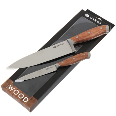 Набор ножей 2 предмета, 20 см, 12.5 см, нержавеющая сталь, рукоятка каучуковое дерево, Daniks, Wood,