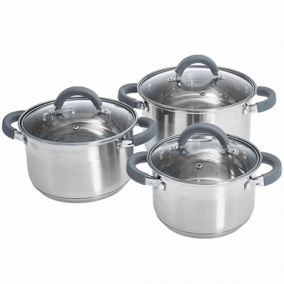 WEBBER BE-625/6 Набор посуды из нерж.стали 6 пр. 2,2л, 3,0л, 4,0л со стеклянными крышками (4)
