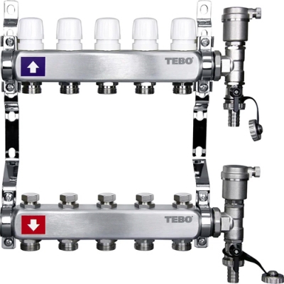 Коллекторная группа Tebo 1" х 3х3/4" дренажный кран и воздухоотвод, сталь (14)