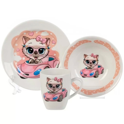 Набор детской посуды фарфор, 3 шт, Кэт в кабриолете, тар 17.5 см, сал 360 мл, круж 210 мл 489546