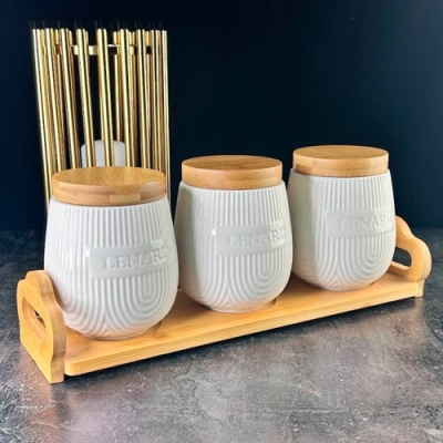 Набор из 3 банок 1000мл на подставке BAMBOO в под.уп.(х8)Фарфор арт.140-071
