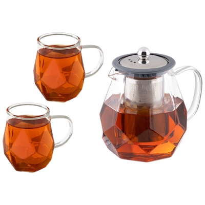 Набор из 3 предметов AROMA: чайник завароч.820 мл +2 кружки по 250 мл из боросил стекла арт.107498