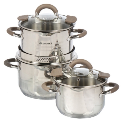 Набор посуды нержавеющая сталь, 6 предметов, кастрюли 2.1, 2.9, 3.9 л, индукция, Daniks, Нара, GS-01 Набор посуды нержавеющая сталь, 6 предметов, кастрюли 2.1, 2.9, 3.9 л, индукция, Daniks, Нара, GS-01