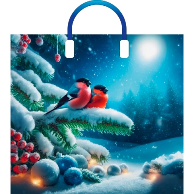 Пакет с пластмассовыми ручками 38х34+3см (90) (Снегири в лесу) НГ, глянцевый Артпласт ПЛР62819