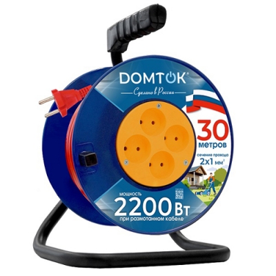 Удлинитель силовой на катушке "DOMTOK" 4 гнезда, ПВС 2*1, 2,2кВт, б/з 30м (2438)