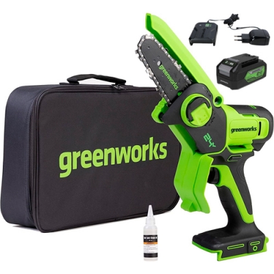 24V Цепная мини пила акк. Greenworks GD24CSMNX, 15см, бесщеточная, c 1хАКБ 4Ач и ЗУ (2008707UB)