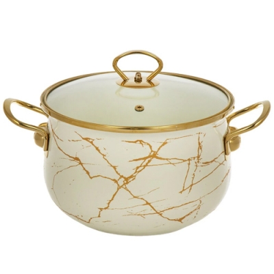 Кастрюля эмалированная сталь, 4.5 л, с крышкой, крышка стекло, Daniks, Белый мрамор, Y4-8965 (484345