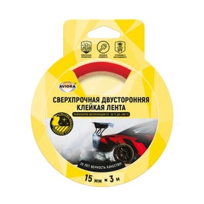 Клейкая лента AVIORA двухсторонняя на акриловой основе 15мм х 3м прозрачная, УФ-стойкая 303-013