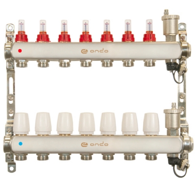 Коллектор.груп. ONDO нерж сталь 7 вых. в сборе с автомат.воздухоотвод.,расходомер.,термостат.клапан.