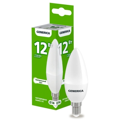 Лампа LED C35 свеча 12Вт 230В 4000К E14 GENERICA арт.LL-C35-12-230-40-E14-G