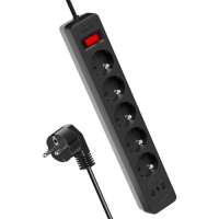 Сетевой фильтр КОСМОС 10A 2200Вт 1,8м 5 гнезд, пвс 3х0,75мм2, черный 2 USB+USBC