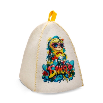 Шапка для бани с принтом "Матрешка в очках", белая 10925621