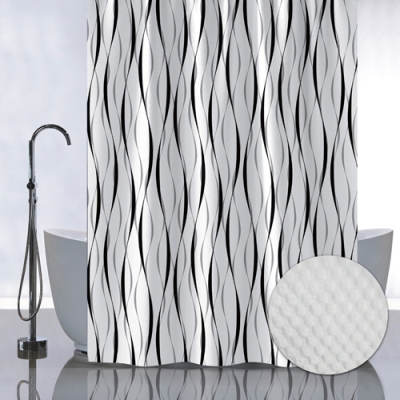 Штора с рельефным теснением, принт ЛЕНТЫ на БЕЛОМ ФОНЕ, в ванную , без колец, полиэст 05-07 Штора с рельефным теснением, принт ЛЕНТЫ на БЕЛОМ ФОНЕ, в ванную , без колец, полиэст 05-07