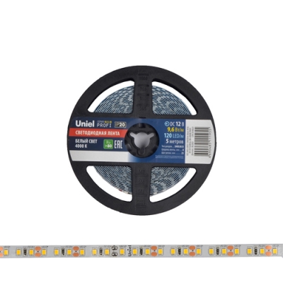 Светодиодная лента на самокл. основе IP20-DC12V-9,6W/m-5M-4000K в герм. упаковке. Белый свет UL-4363