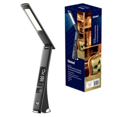 TLD-567 Black/LED/300Lm/4500K/Dimmer Светильник настольный c часами, календарем, термометром, 6W. Вс