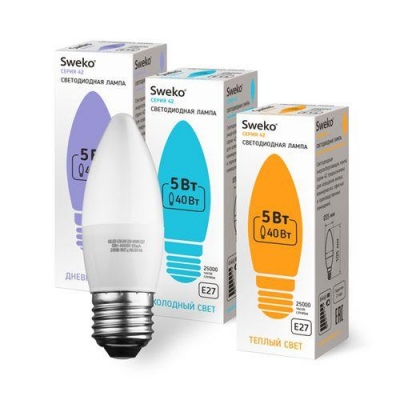 Светодиодная лампа Sweko 42 серия 42LED-C35-5W-230-6500K-E27 (38551)