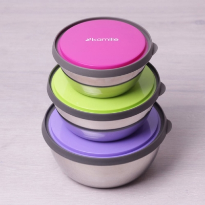 Набор емкостей 3шт из нержавеющей стали с пластиковыми крышками (O12х5см; O14х5.5см; O16х6.5см) (211