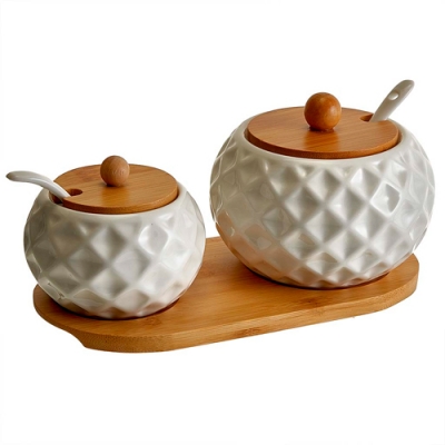 AK5-0010 Набор из 2 банок (250 мл и 450 мл) с ложками на бамбуковой подставке (18)