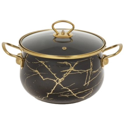 Кастрюля эмалированная сталь, 4.5 л, с крышкой, крышка стекло, Daniks, Черный мрамор, Y4-8969 (48434