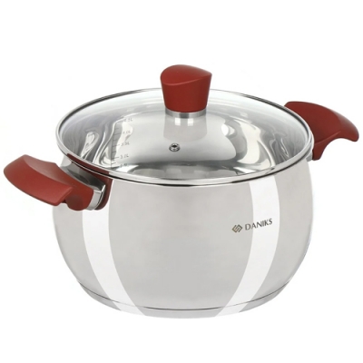 Кастрюля нержавеющая сталь, 5.1 л, с крышкой, крышка стекло, Daniks, Орлея, GS-01159P-22CA, индукция