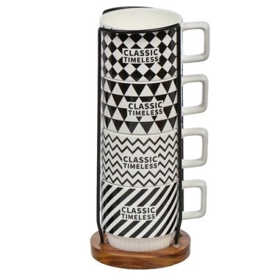 Кружка керамика, 4 шт, 300 мл, Геометрия, Y4-7275, черная, металлическая подставка (444757)