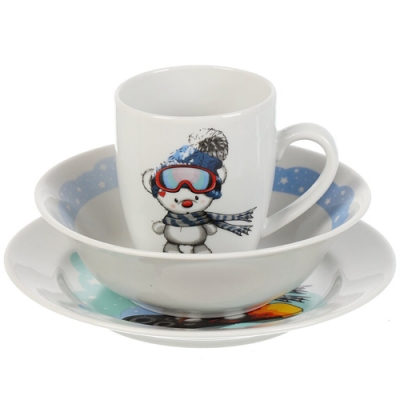 Набор детской посуды фарфор, 3 шт, Сноубордист, тарелка 17.5 см, салатник 360 мл, кружка 210 мл, Dan