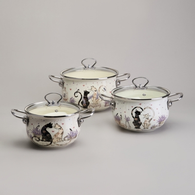 Набор кастрюль эмалированный, серия "Lavander cats 6пр. 2,0/2,8/3,8л диа.18/20/22см 943-107 Набор кастрюль эмалированный, серия "Lavander cats 6пр. 2,0/2,8/3,8л диа.18/20/22см 943-107