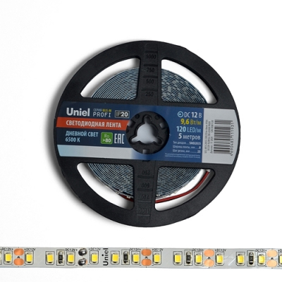 Светодиодная лента на самокл. основе IP20-DC12V-9,6W/m-5M-6500K в герм. уп. Дневной свет UL-4362