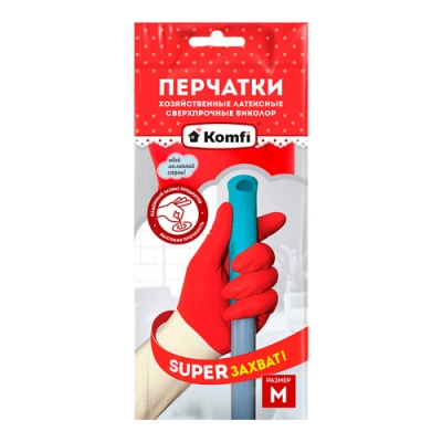 Перчатки хоз.латексные СВЕРХПРОЧНЫЕ БИКОЛОР М /синий+желтый/Komfi/144/12