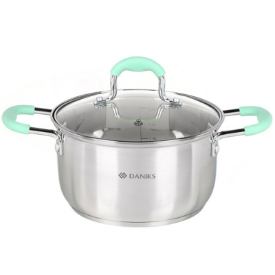 Кастрюля нержавеющая сталь, 2.5 л, с крышкой, крышка стекло, силиконовые ручки мятные, круглая, Dani