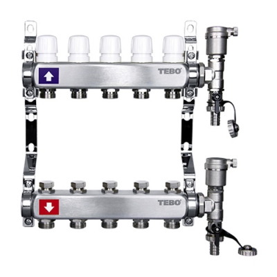 Коллекторная группа Tebo 1" х 7х3/4" дренажный кран и воздухоотвод, сталь (14)