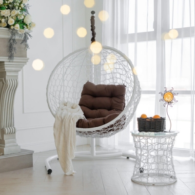 Кресло подвесное Риторика Либра до 120 кг стойка белая, корзина белая, подушка коричневая