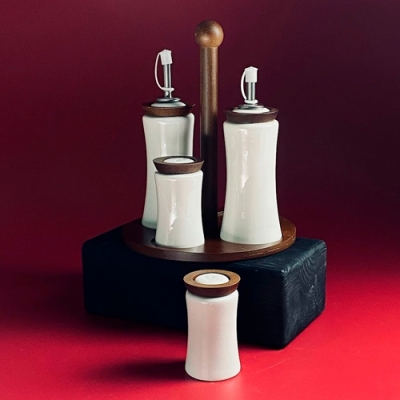 Набор солонок и бутылки для масла/уксуса 4пр. на подставке TROPICAL в под.уп.(х16)Фарфор арт.235-085