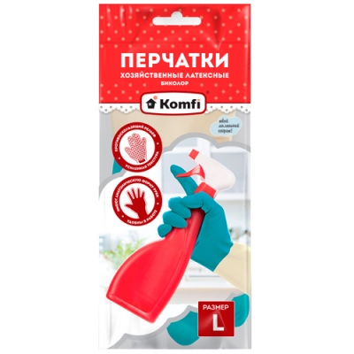 Перчатки хозяйственные латексные БИКОЛОР, L бежевый+бирюзовый, 2 шт, Komfi/144/12 Перчатки хозяйственные латексные БИКОЛОР, L бежевый+бирюзовый, 2 шт, Komfi/144/12