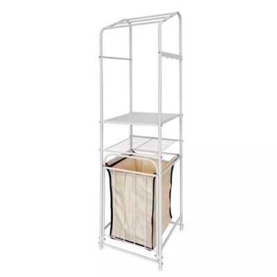 Стеллаж с корзиной для белья 2-х ярусный и перекладинами арт.СКП01 цв.белый